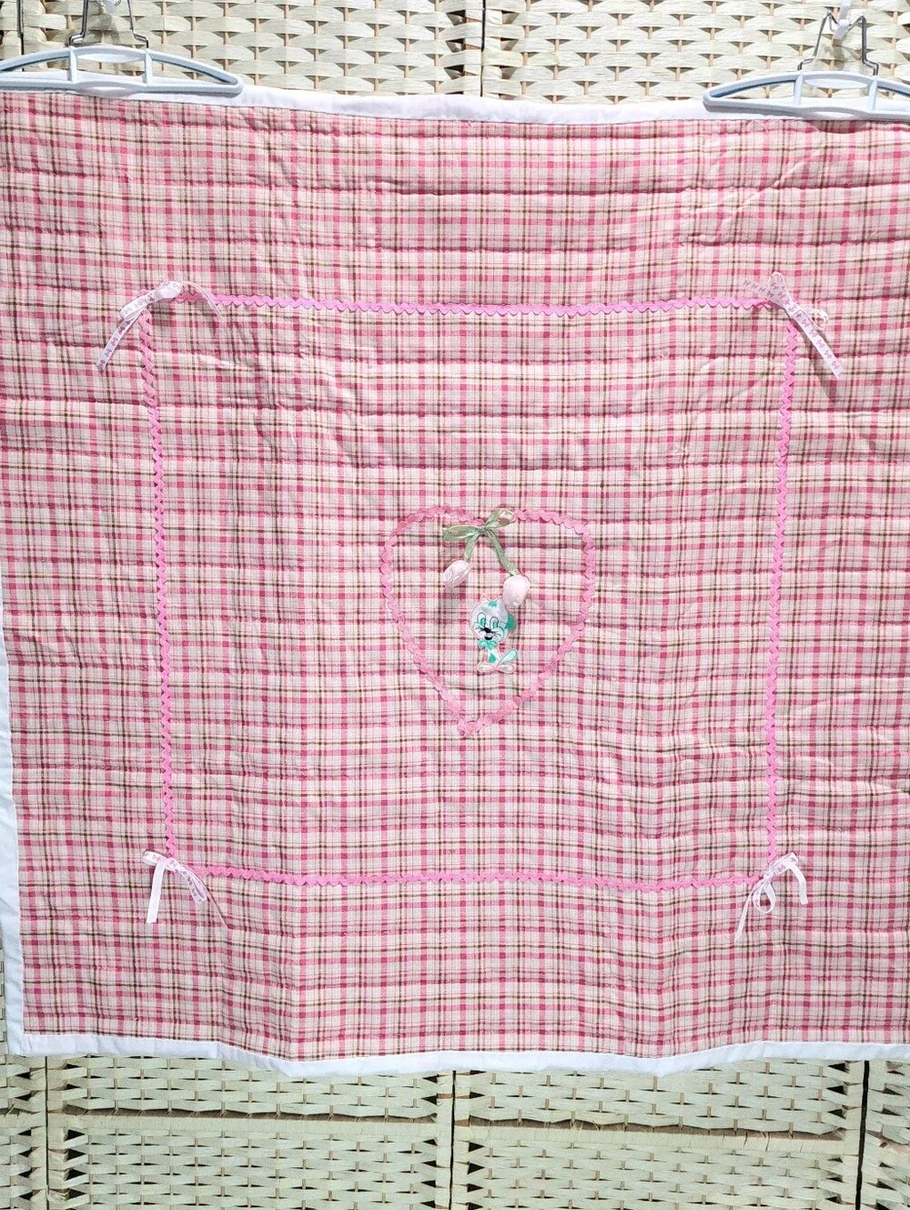 Hand Stitched Baby Quilt Pink Plaid 43x43 Whole Cloth